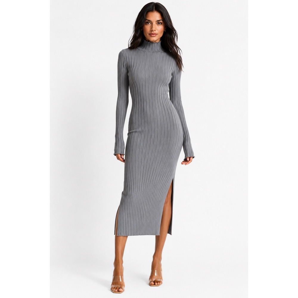 H&M Gray Ribbed Knit Mock Neck Midi Dress Long Sleeve Bodycon Size XS- S